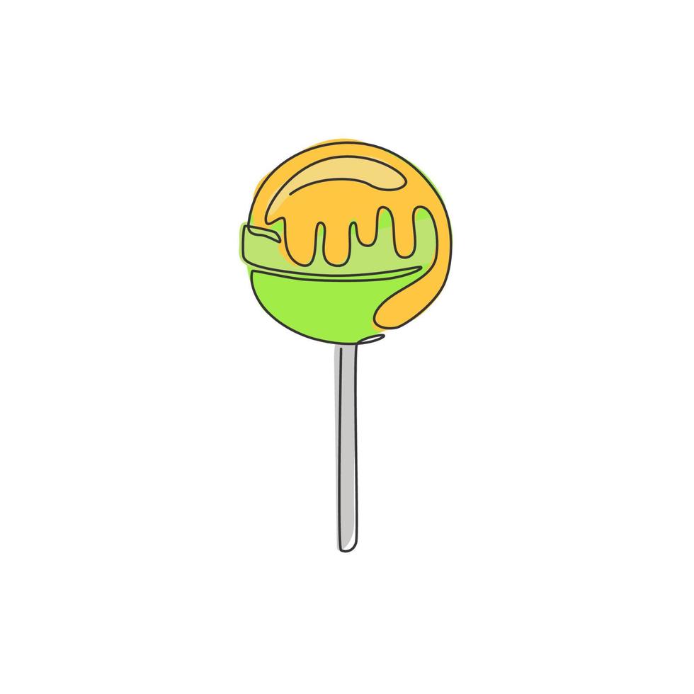 eine durchgehende Strichzeichnung des süßen, köstlichen Online-Lollipop-Süßwarenladen-Logo-Emblems. Konditorei-Logo-Vorlagenkonzept. moderne einzeilige zeichnen design vektorgrafik illustration vektor