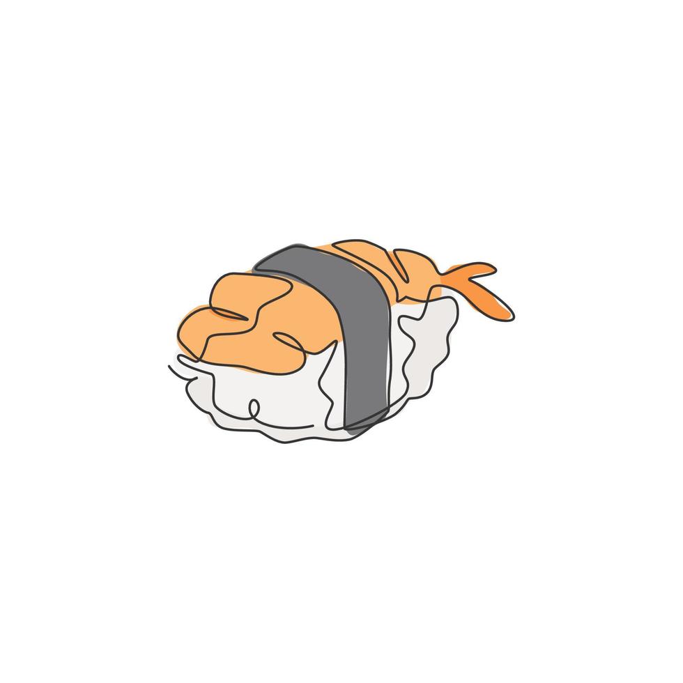 eine einzelne strichzeichnung der frischen japanischen nigiri-sushi-bar-logo-vektorillustration. frisches japan-food-café-menü und restaurant-abzeichen-konzept. modernes Street-Food-Logo mit durchgehender Linienführung vektor
