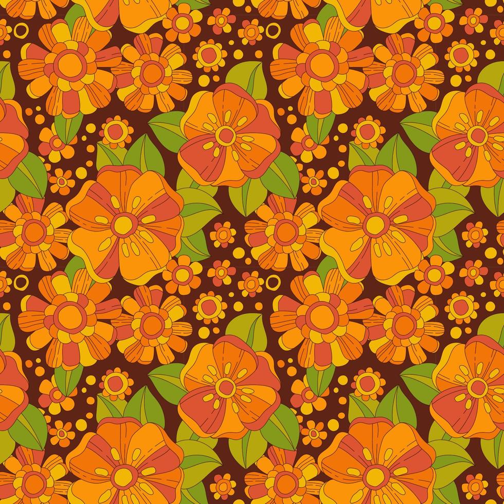 ljus färgrik blommig sömlös mönster inspirerad förbi de 70-talet, hippie, och häftig estetik. orange, gul blommor på mörk bakgrund. färgrik retro design för skriva ut, mode syften vektor