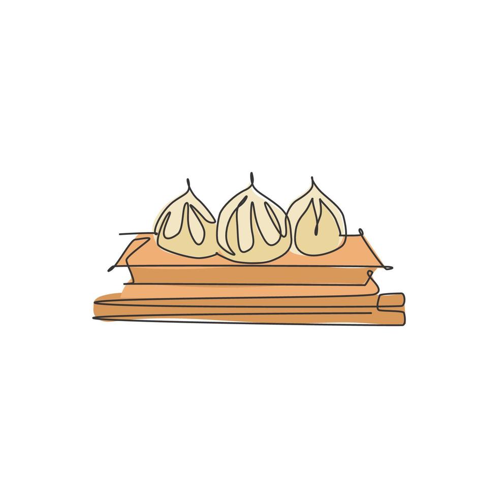 en kontinuerlig linjeteckning färska läckra kinesiska dumpling restaurang logotyp emblem. asiatiska dim sum mat café butik logotyp mall koncept. moderna en rad rita design grafisk vektorillustration vektor