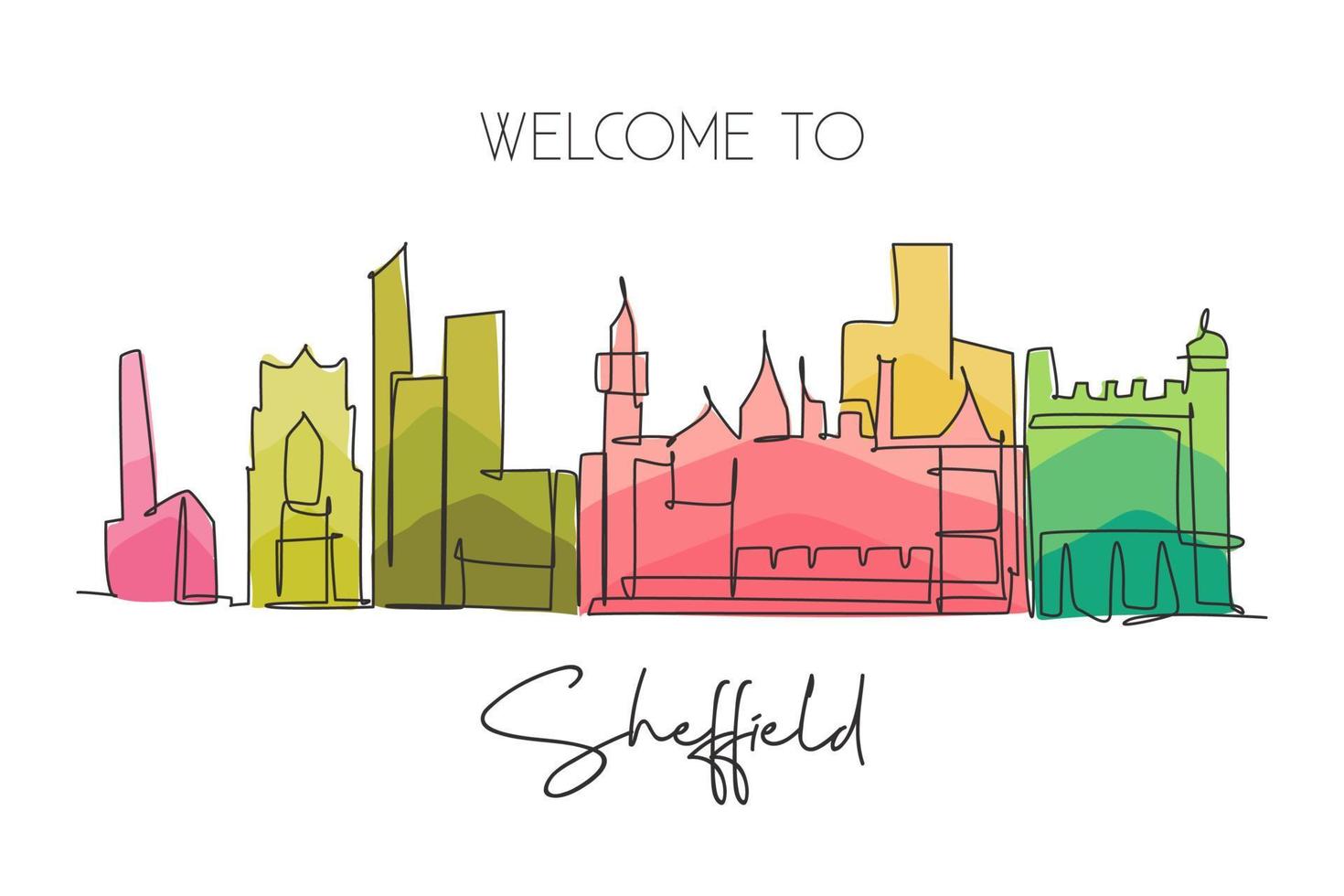 einzelne durchgehende linie, die die skyline der stadt sheffield zeichnet. berühmte Wolkenkratzerlandschaft der Welt. Weltreisekampagnen-Wanddekor-Plakatdruckkonzept. moderne einzeilige abgehobene betragsdesign-vektorillustration vektor