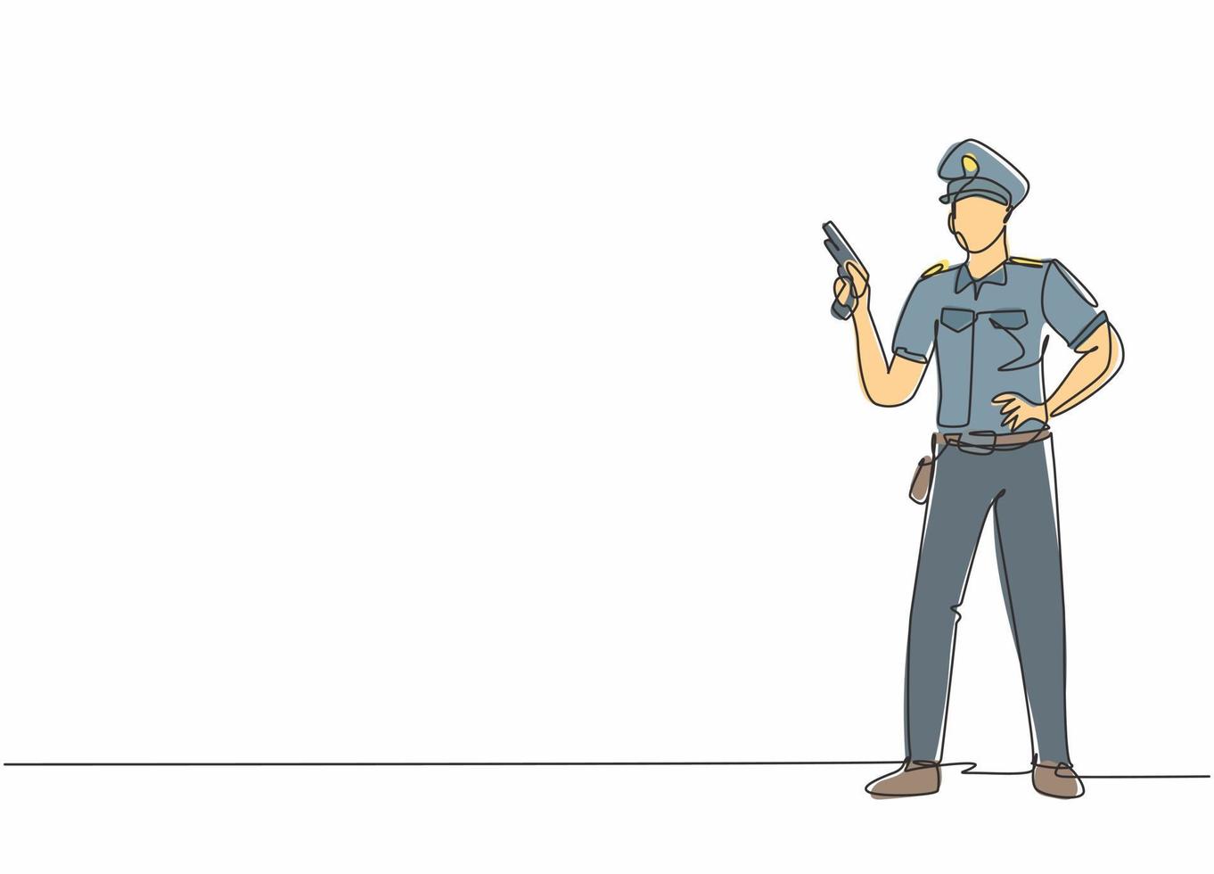 enda en rad ritning ung polis poserar stående medan du håller automatisk handpistol. professionellt arbete yrke sysselsättning minimal koncept. kontinuerlig linje rita design grafisk vektor illustration