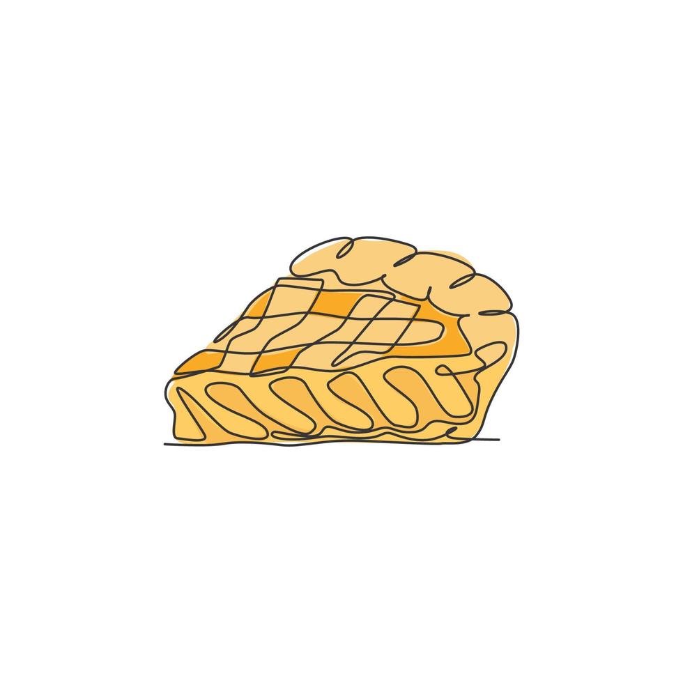 en enda linjeteckning av färsk skivad äppelpaj logotyp grafisk vektorillustration. bakverk bageri mat kafé meny och restaurang märke koncept. modern kontinuerlig linjeritning design tårta logotyp vektor