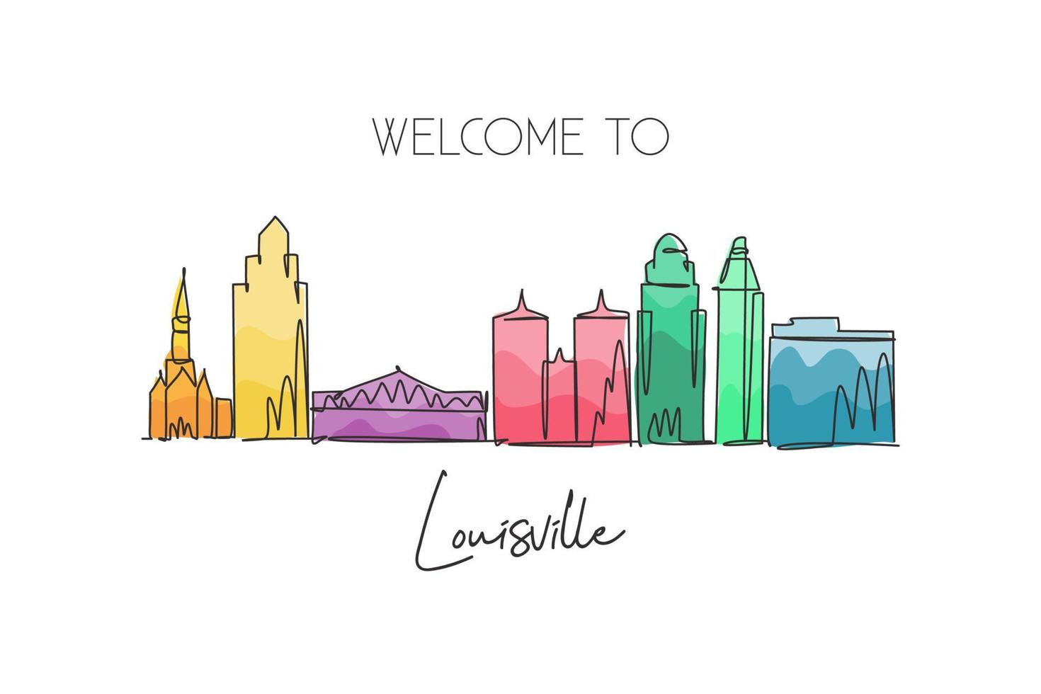 enda kontinuerlig linjeteckning louisville stadssilhuett, kentucky. berömda stadsskrapa och landskap. världsresor koncept hem vägg dekor affischtryck. moderna en rad rita design vektorillustration vektor