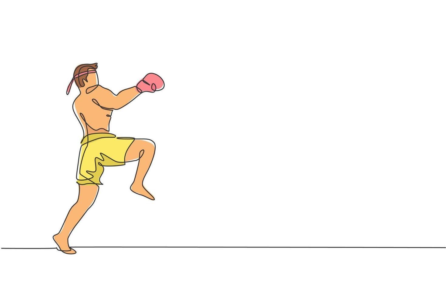 en kontinuerlig linjeteckning av ung sportig muay thai boxerman som förbereder sig för att slåss, ställningspark på boxarenan. fighting sport spelkoncept. dynamisk enda rad rita design grafisk vektorillustration vektor