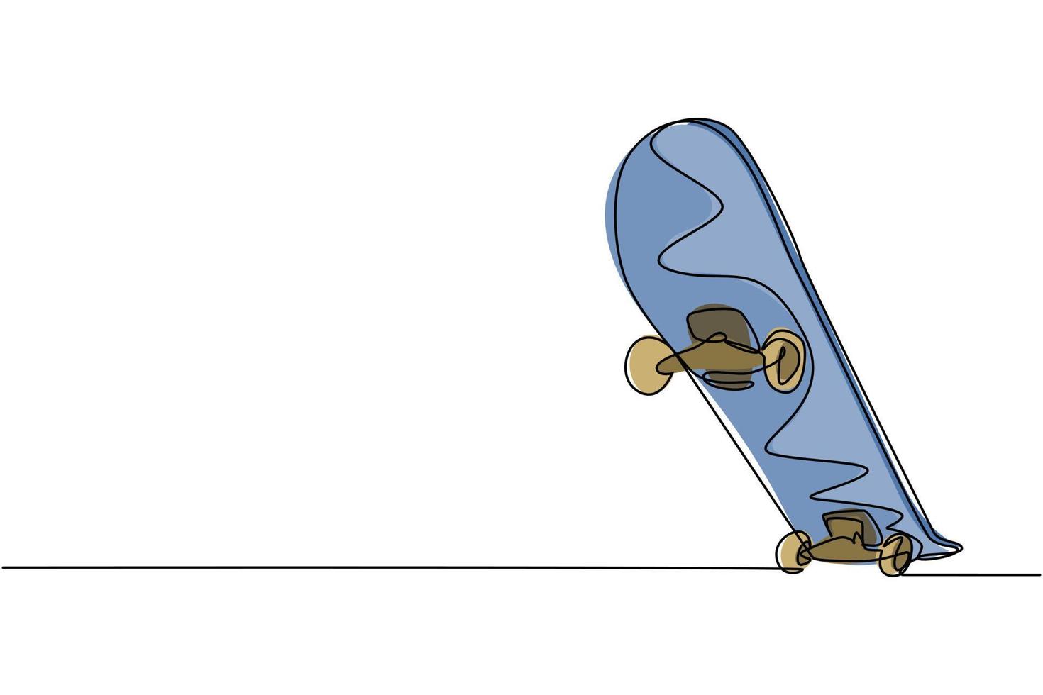 en enda radritning av gammal retro skateboard. hipster extrem klassisk lång bräda sport koncept kontinuerlig grafisk linje rita design vektor illustration