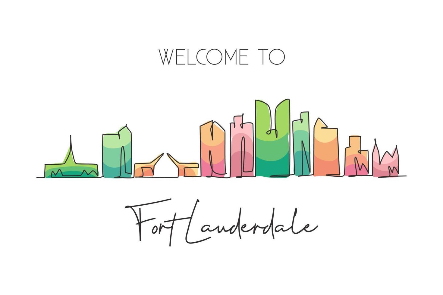 einzelne durchgehende Strichzeichnung Fort Lauderdale Skyline, Florida. berühmte stadtkratzerlandschaft. Weltreise nach Hause Wanddekoration Kunst Poster Druckkonzept. moderne eine linie zeichnen design-vektorillustration vektor