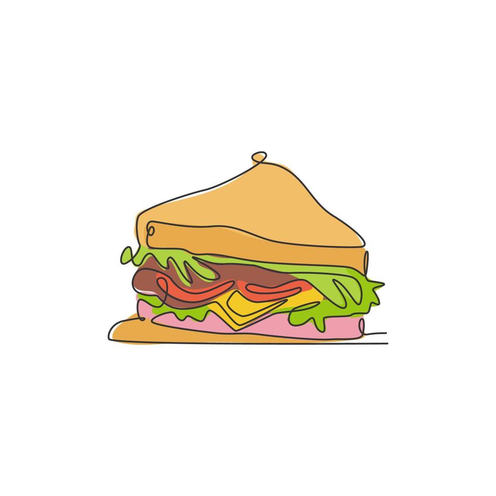 eine durchgehende Strichzeichnung des Logo-Emblems des frischen, köstlichen amerikanischen Sandwich-Restaurants. Fast-Food-Café-Shop-Logo-Vorlagenkonzept. moderne einzeilige zeichnen design vektorgrafik illustration vektor