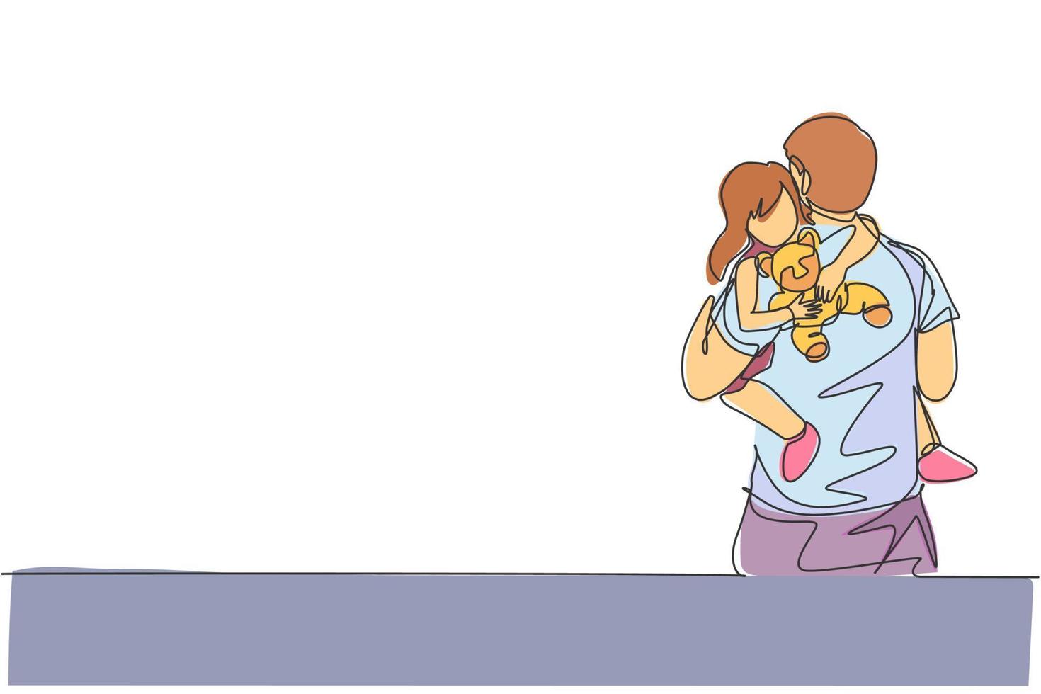 Eine durchgehende Linie, die den jungen glücklichen Vater zeichnet, der seine schläfrige Tochter umarmt, während er eine Babypuppe hält. glückliches liebevolles Elternfamilienkonzept. dynamische einzeilige Zeichnungsdesign-Vektorgrafikillustration vektor