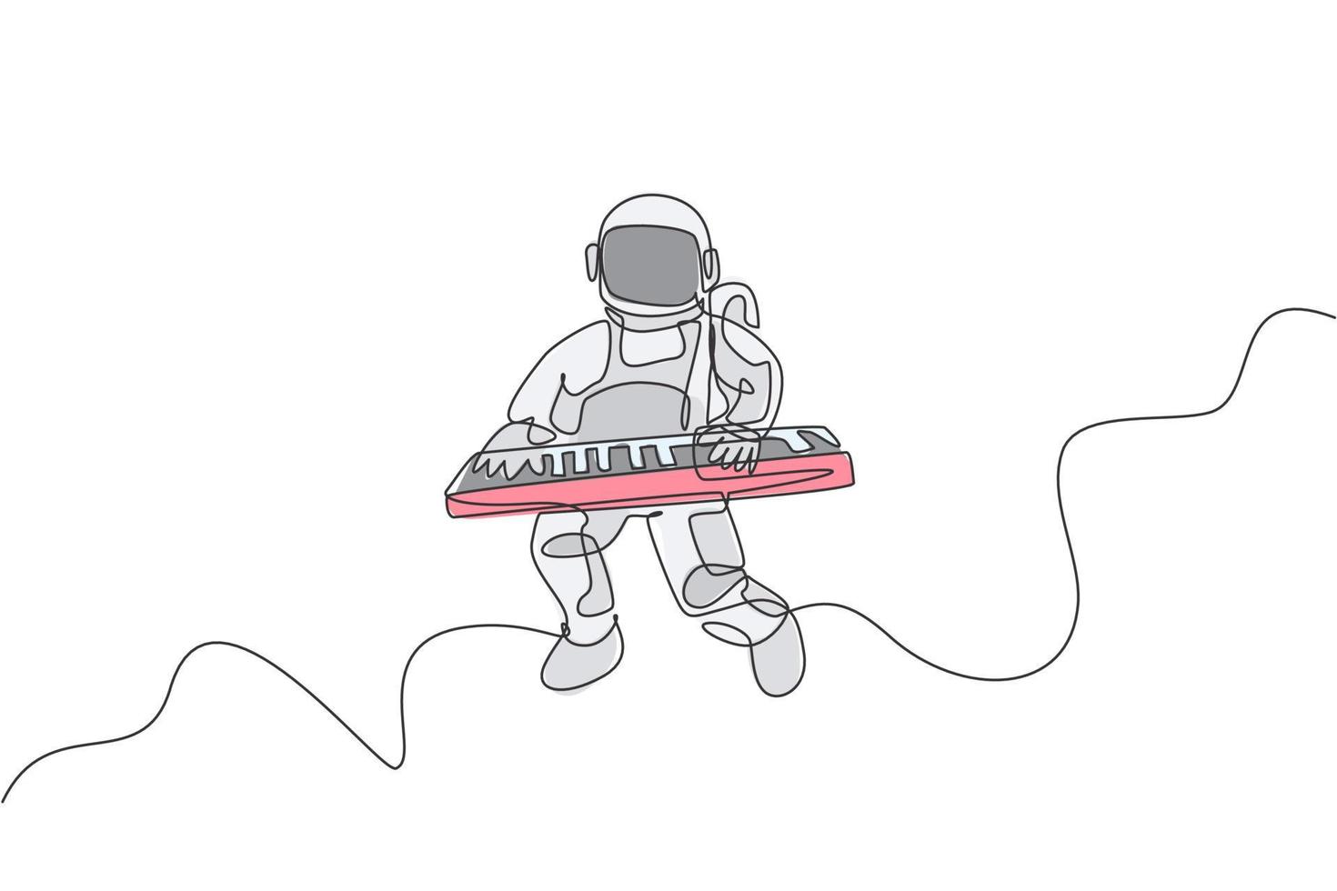 enda kontinuerlig linje ritning av astronaut keyboardist spela keyboard musikinstrument i kosmisk galax. djup rymdmusik konsert koncept. trendiga en linje rita grafisk design vektor illustration