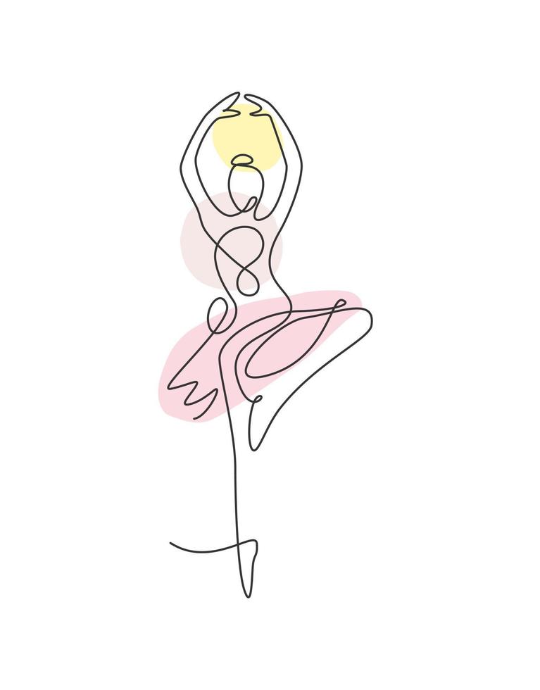 einzelne durchgehende Linie, die hübsche Ballerina im Ballettbewegungstanzstil zeichnet. Schönheit sexy Tänzerin Konzept Logo, minimalistische Plakatdruckkunst. trendige einlinie zeichnen design vektorgrafik illustration vektor