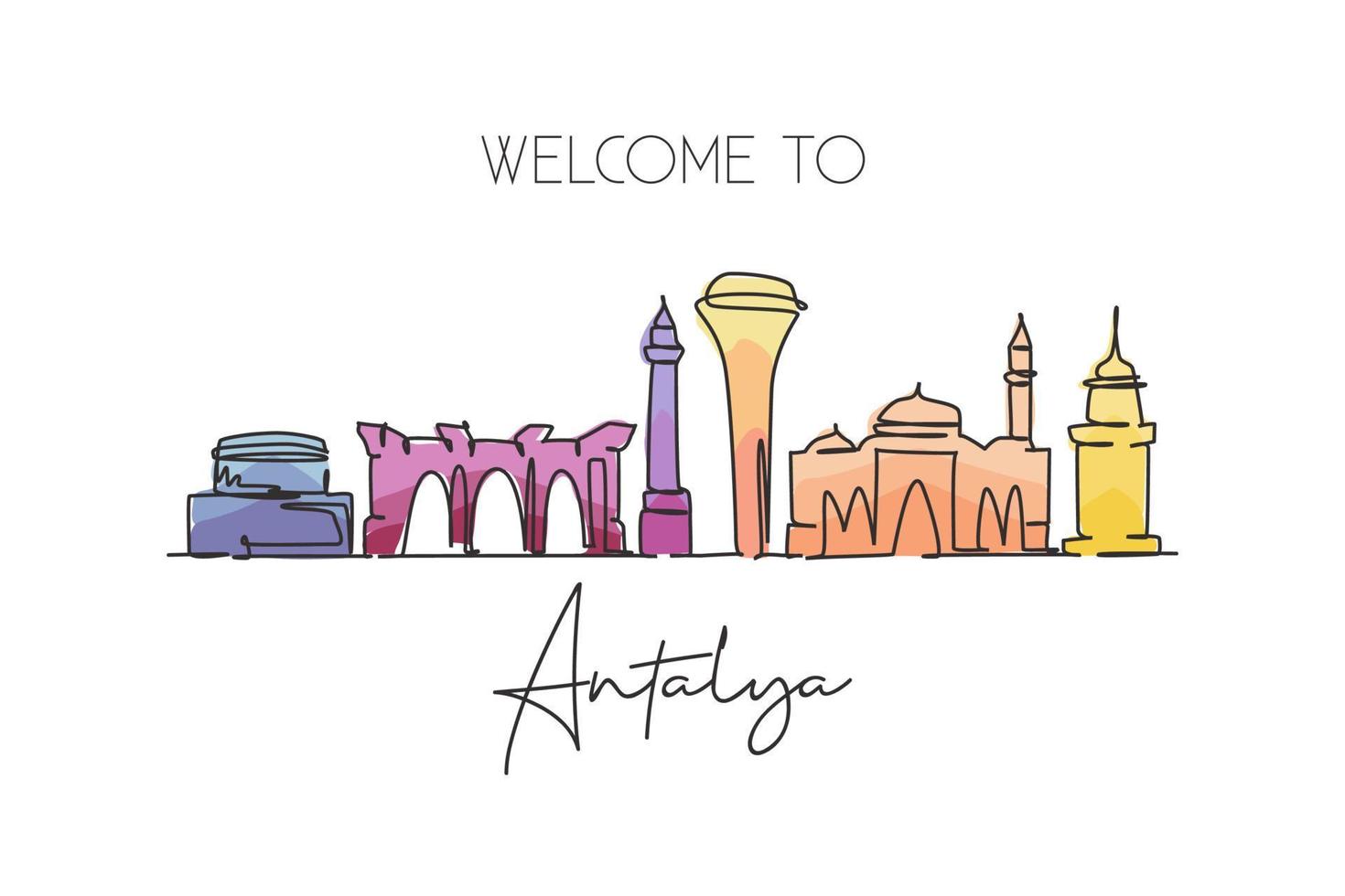 eine einzige strichzeichnung die skyline der stadt antalya, türkei. welthistorische Stadtlandschaft. bester Ort Urlaubsziel Postkarte. editierbarer Schlaganfall trendige durchgehende Linie zeichnen Design-Vektorillustration vektor