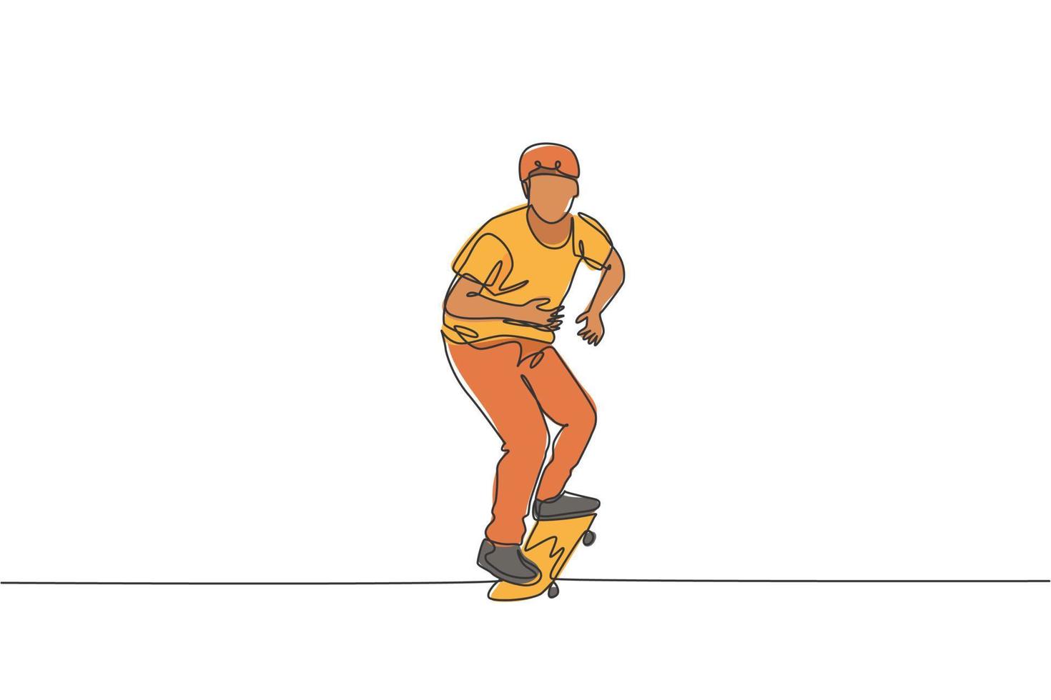 enda kontinuerlig linjeteckning av ung cool skateboardåkare man åker skate och utför trick i skatepark. utövar utomhussport koncept. trendiga en rad rita design vektorillustration grafik vektor