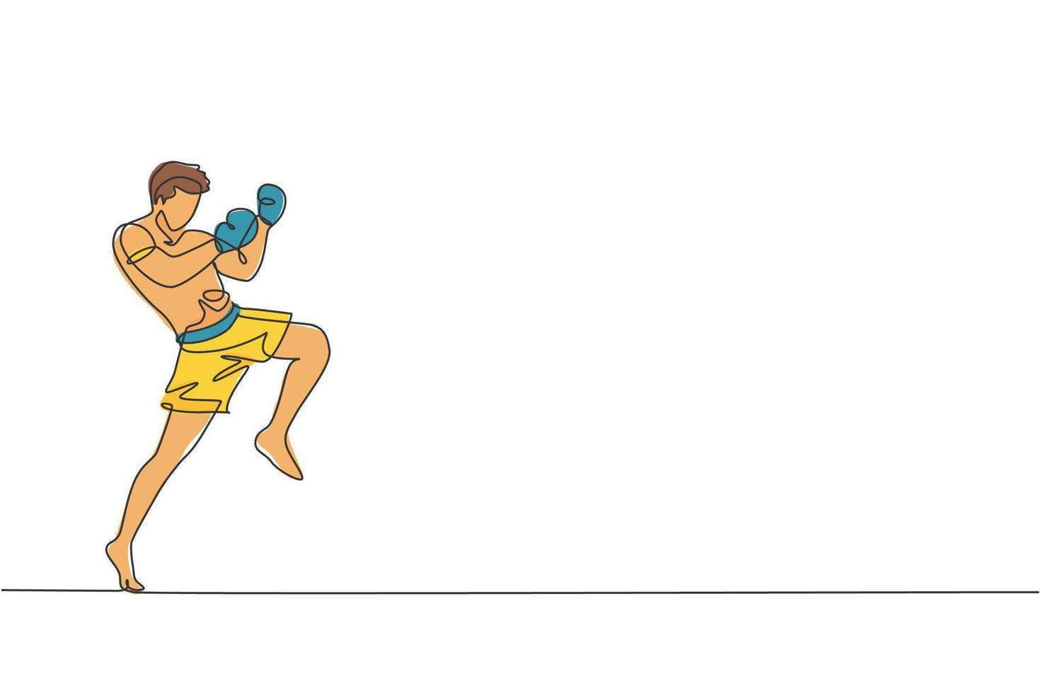 en kontinuerlig linjeteckning av ung sportig muay thai boxerman som förbereder sig för att slåss, ställningspark på boxarenan. fighting sport spelkoncept. dynamisk enda rad rita design vektorgrafisk illustration vektor