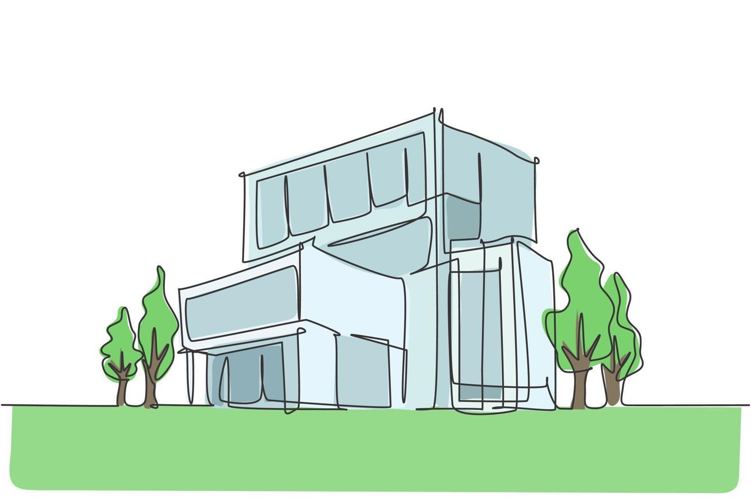 kontinuierliche eine linie zeichnung des luxushausbaugebäudes in der stadt. Home Property Architektur handgezeichnetes minimalistisches Konzept. moderne einzeilig zeichnende Design-Vektorgrafikillustration vektor