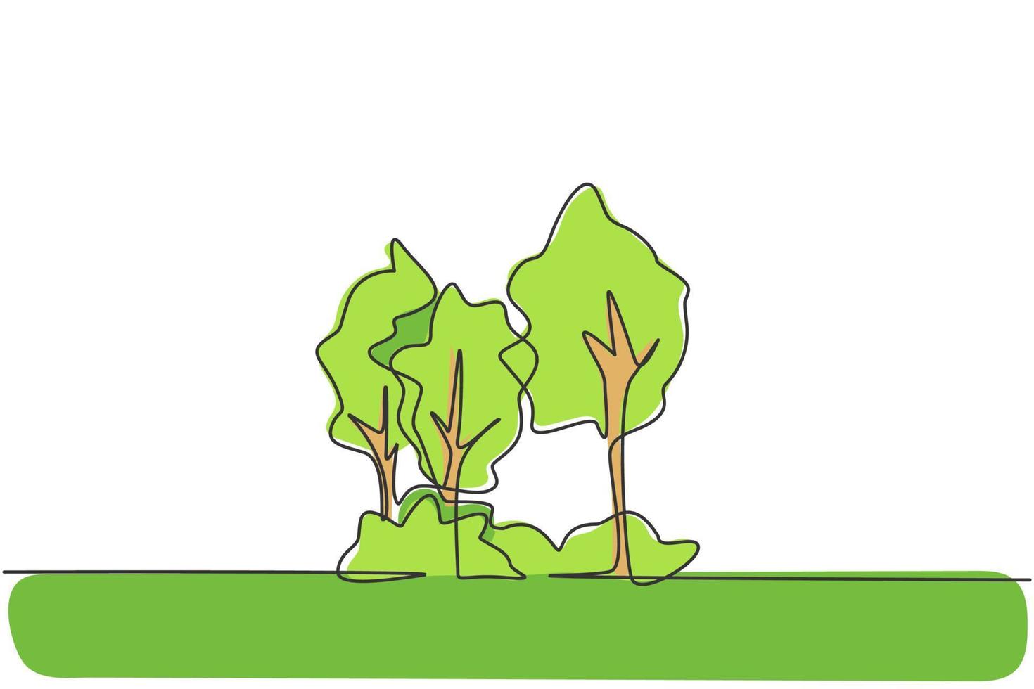 einzelne einzeilige Zeichnung des grünen frischen Baumes für das Gartensymbol. Umweltfreundliches Logo isoliert Doodle minimales Konzept. trendige durchgehende Linie zeichnen Design-Grafik-Vektor-Illustration vektor
