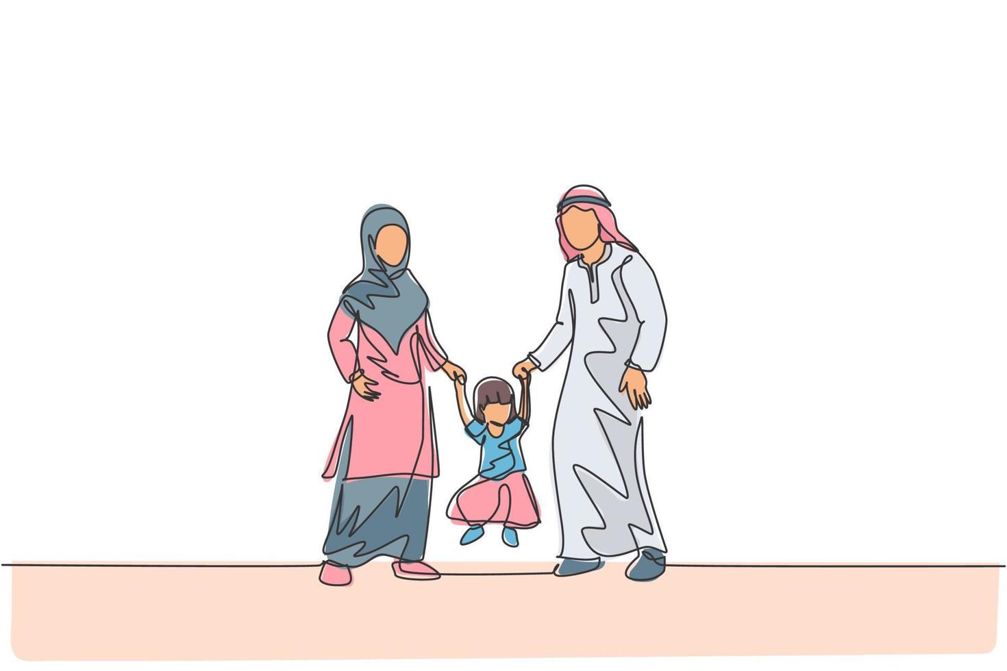 enda kontinuerlig linjeteckning av ung islamisk mamma och pappa som leker och håller sin dotters hand, lyckligt föräldraskap. arabiska familjeomsorg koncept. trendig en linje rita design vektor illustration
