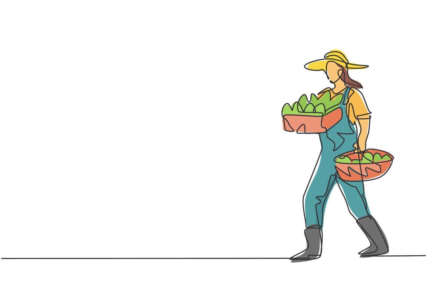 kontinuerlig en radritning ung kvinnlig bonde som bär lådor och fruktkorgar i höger och vänster hand. framgång jordbruk minimalistiska koncept. enkel linje rita design vektor grafisk illustration