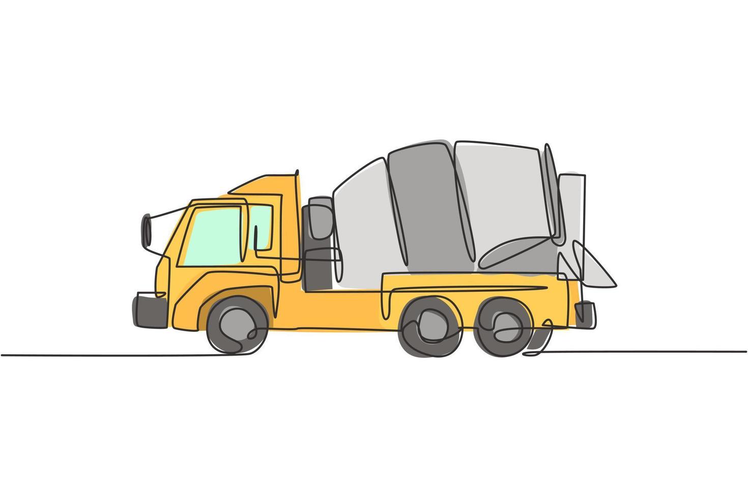 en enda linje ritning av lastbil mixer för mobil blandning cement vektor illustration, kommersiella fordon. tunga maskiner fordon konstruktion koncept. modern kontinuerlig linje grafisk ritdesign