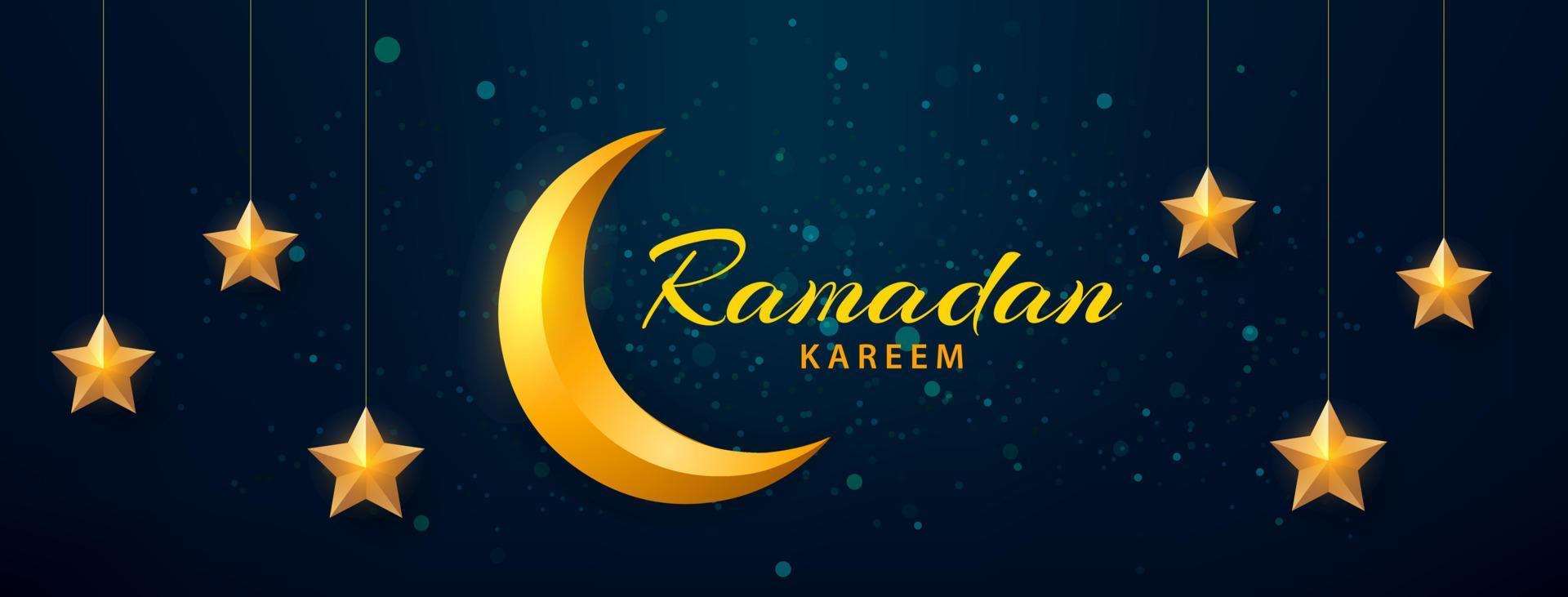 Ramadan karem. islamisch horizontal Banner mit golden Halbmond Mond und Stern. Ramadan Monat Feier Hintergrund Design. Vektor Illustration