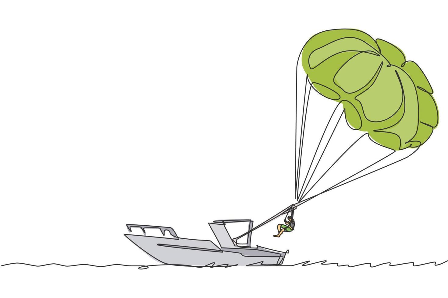 enda kontinuerlig linjeteckning ung turist man flyger med parasailing fallskärm på himlen dras av en båt. extrem semester semester sport koncept. en rad rita design vektorgrafisk illustration vektor