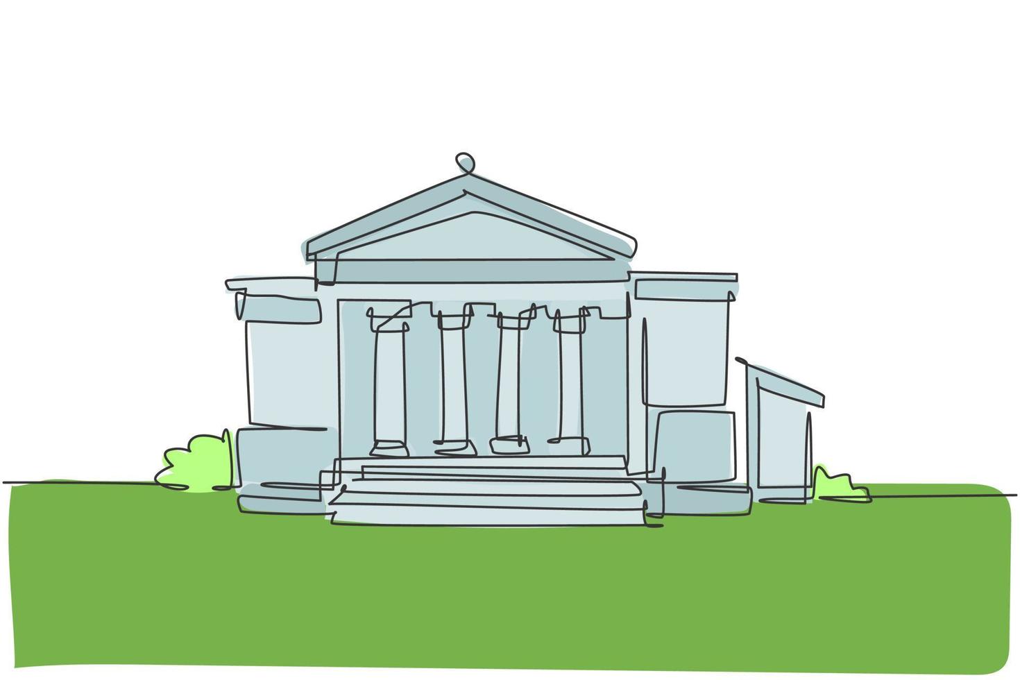 Einzeilige Zeichnung eines klassischen Museumsbaugebäudes mit Säule an der Vorderseite. Kunstgaleriestruktur isoliert Doodle minimales Konzept. trendige durchgehende Linie zeichnen Design-Grafik-Vektor-Illustration vektor