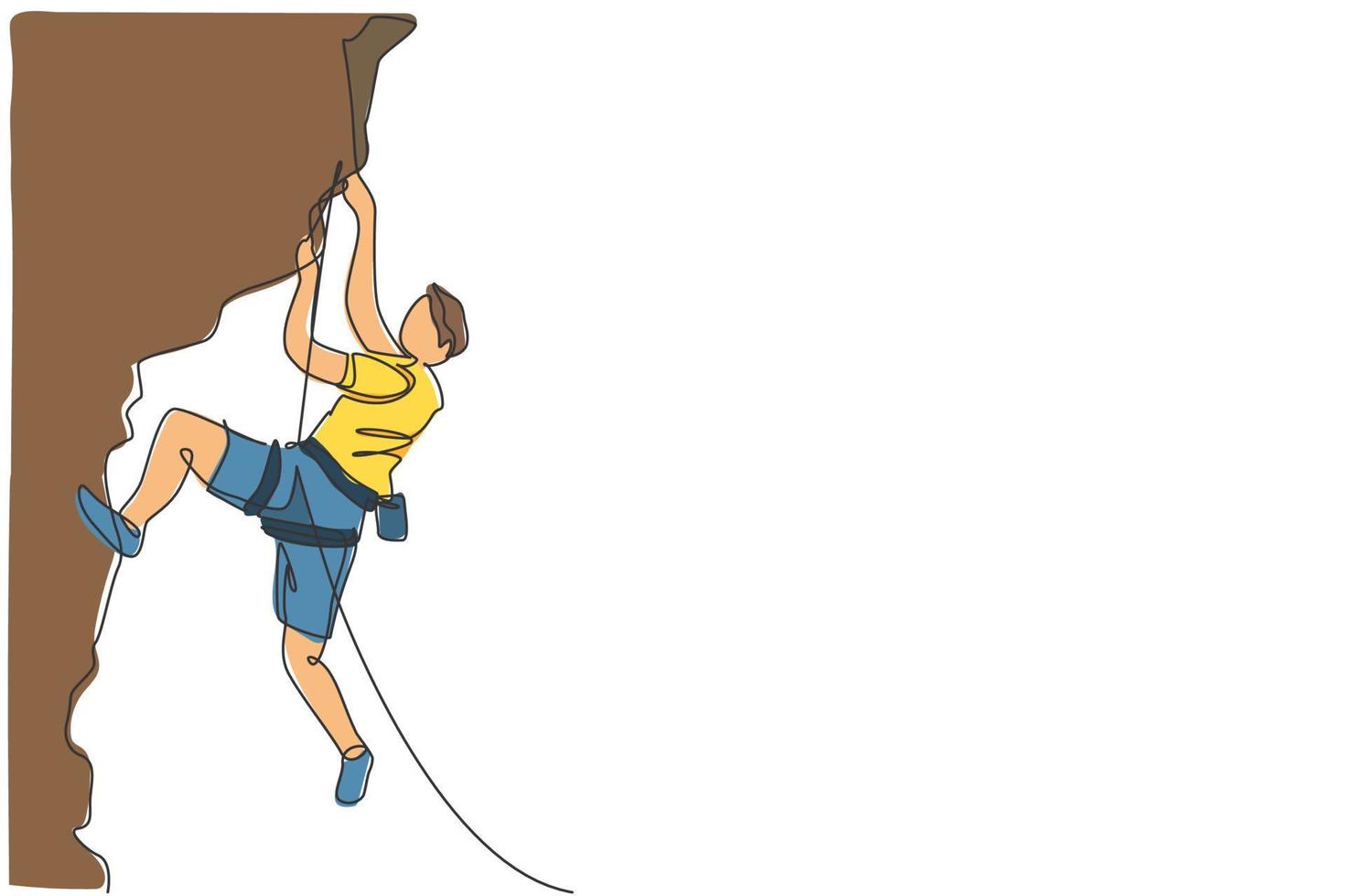 enda kontinuerlig linjeteckning av ung muskulös bergsklättrare man klättrar hängande på bergsgrepp. utomhus aktiv livsstil och bergsklättring koncept. trendiga en rad rita design vektorillustration vektor