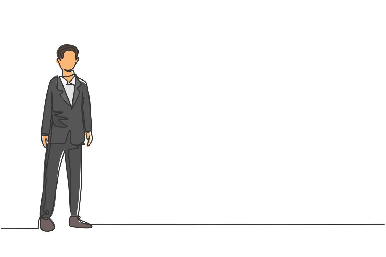 Kontinuierliche Zeichnung eines jungen intelligenten Geschäftsmannes, der auf Büroanzug steht. Erfolg Business Manager Unternehmen minimalistisches Konzept. trendige Single-Line-Draw-Design-Vektorgrafik-Illustration vektor