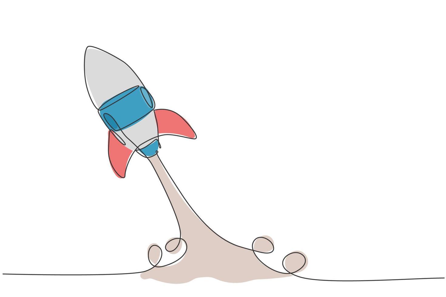 en kontinuerlig ritning av enkla retro rymdfarkoster som flyger upp till yttre rymdnebulosan. raket rymdskepp lansering i universum koncept. dynamisk enkel linje rita design vektor grafisk illustration