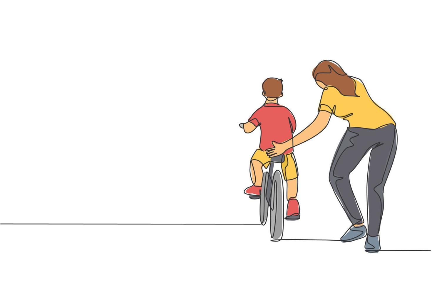 enda kontinuerlig ritning av unga barn pojke som lär sig cykla med mamma på utomhusparken. föräldraskapslektion. familjetid koncept. trendig enradig design vektor grafisk illustration