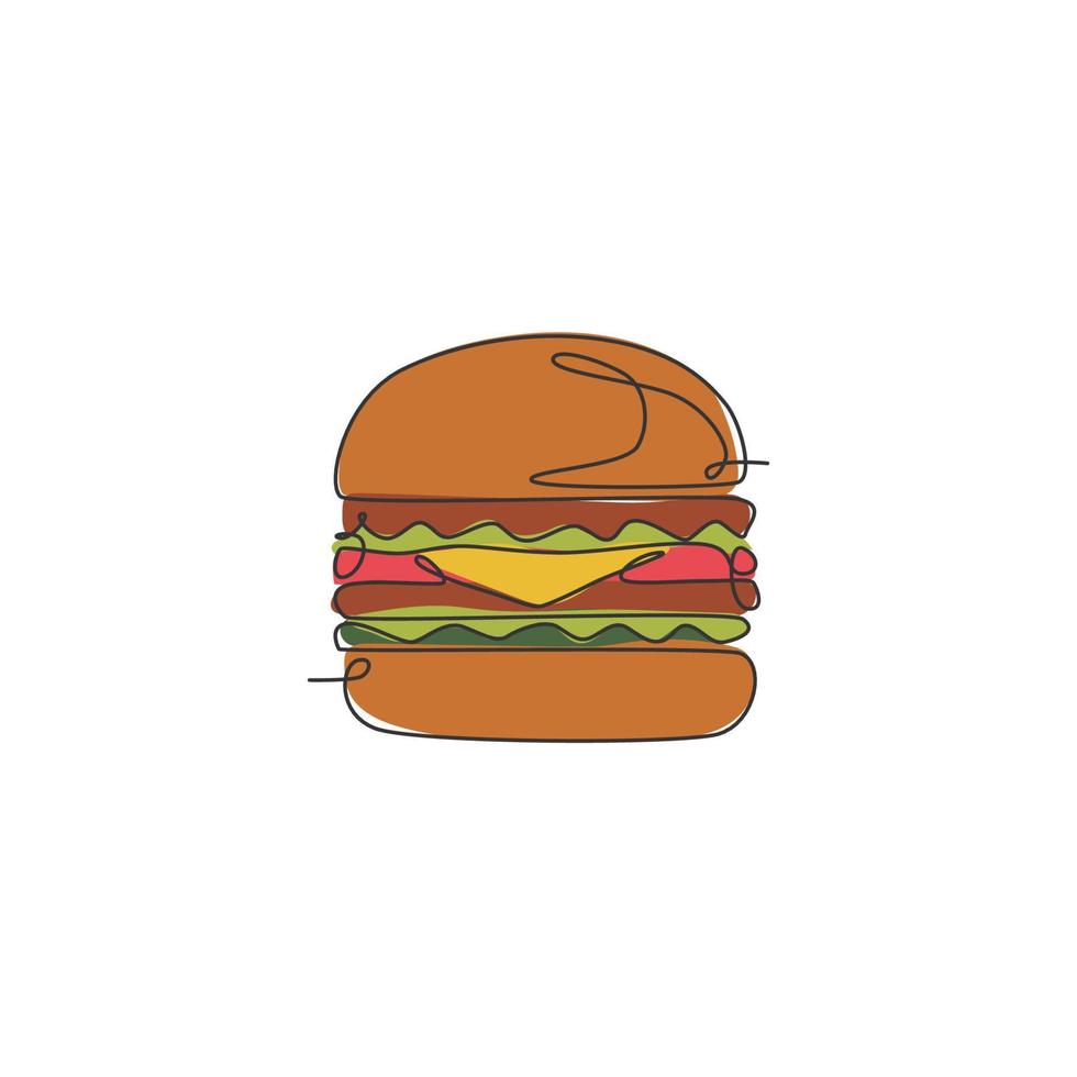 en kontinuerlig linjeteckning av färsk läcker amerikansk cheeseburger restaurang logotyp märke. snabbmat burger café butik logotyp mall koncept. moderna en rad rita design vektorillustration vektor