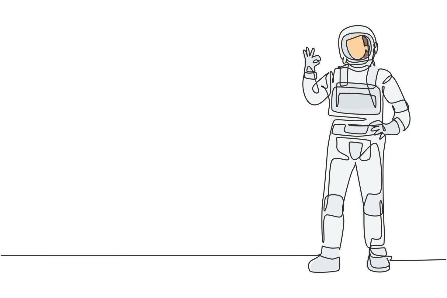 einzelne durchgehende Strichzeichnung Astronaut steht mit Geste in Ordnung, Raumanzug zu tragen, um Erde, Mond und andere Planeten im Universum zu erkunden. dynamische eine linie zeichnen grafikdesign vektorillustration vektor