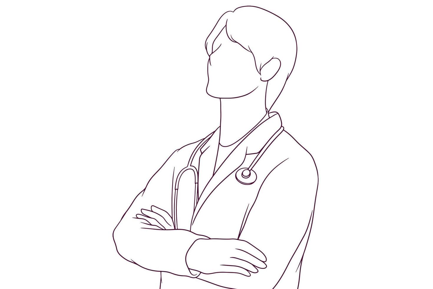 ein jung männlich Arzt steht mit seine Waffen gekreuzt im ein Hand gezeichnet Vektor Illustration