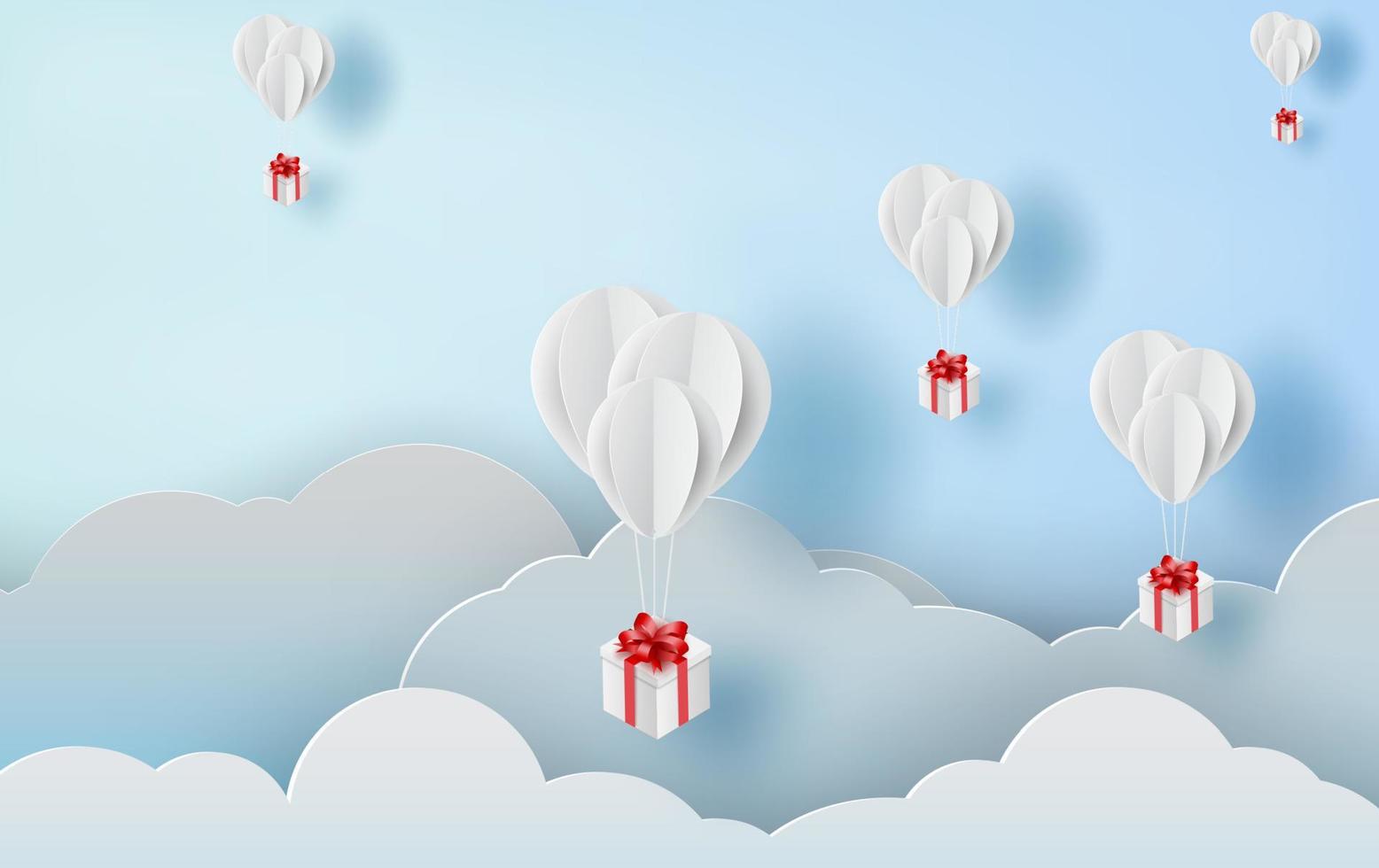 3d papper konst och hantverk stil av ballong vit flytande och gåva låda på i de luft blå sky.din text Plats bakgrund vector.festival dekorationer för kort concept.christmas, vector.design.illustration vektor