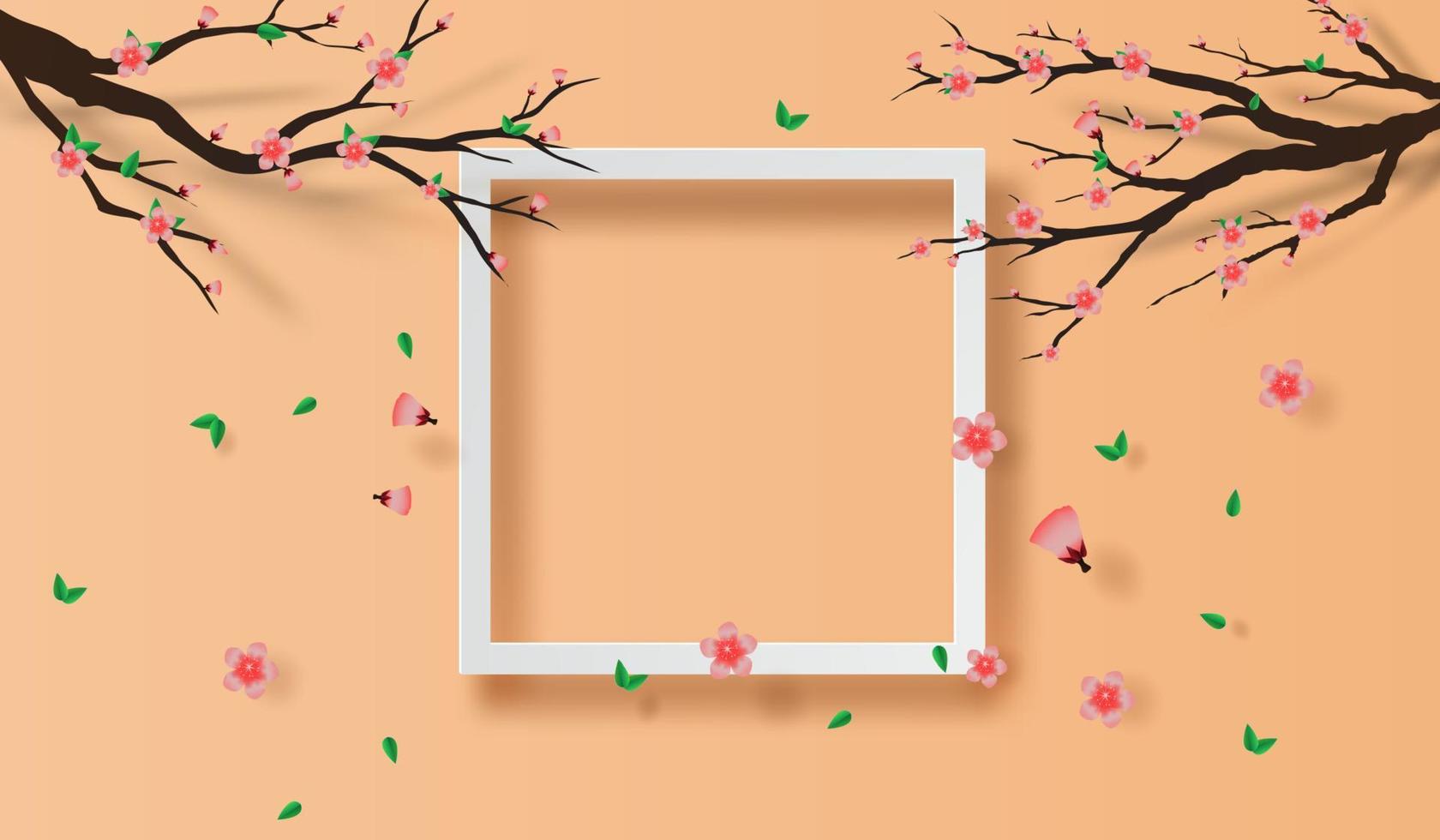 illustration av papper konst och hantverk ram vår säsong körsbär blomma koncept, våren med sakura gren, blommig körsbär blomma med rosa blommor på plats text Plats bakgrund, papper skära vektor. vektor