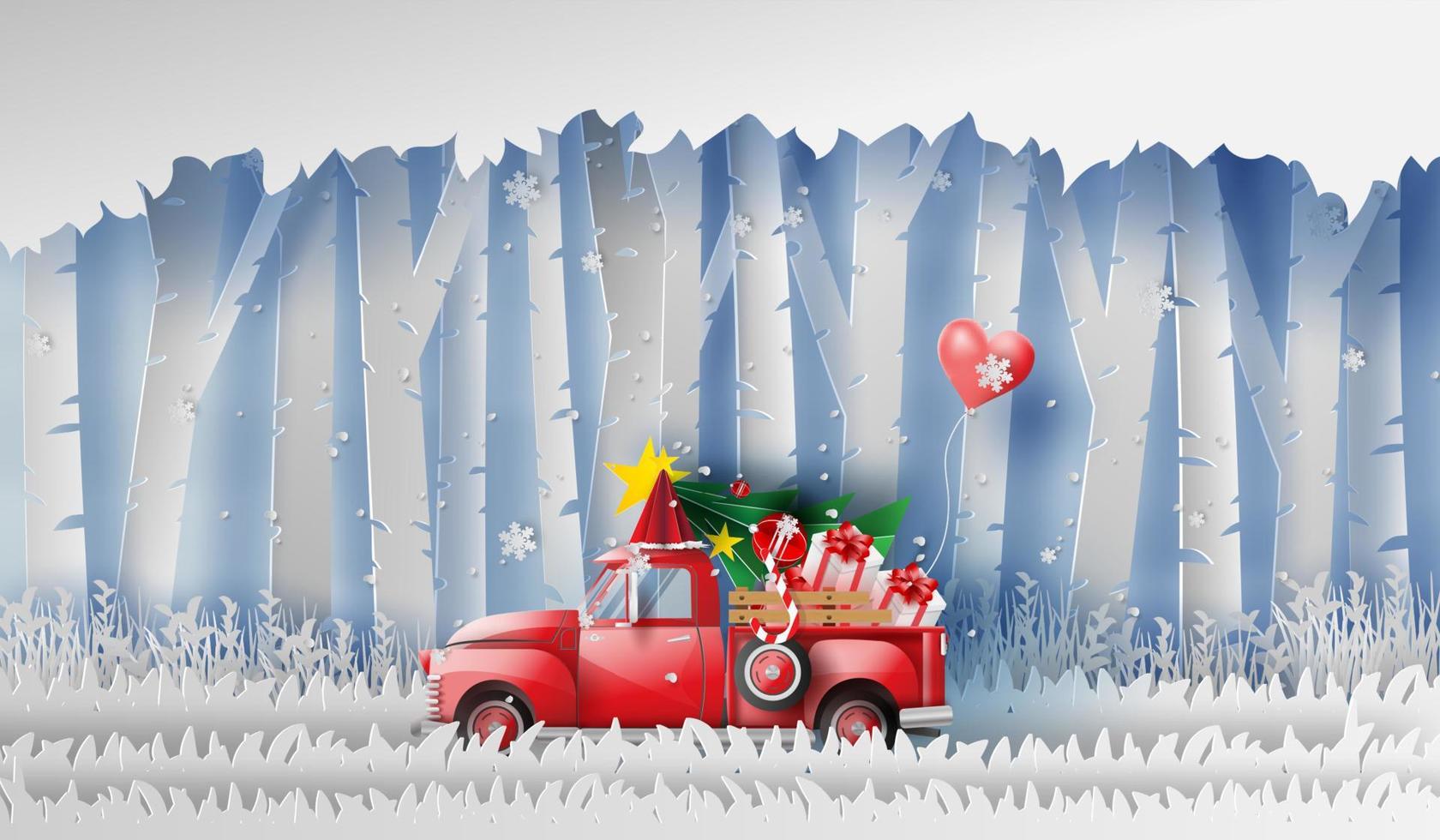 3d Illustration von Papier Kunst rot klassisch abholen LKW Auto durch geschenk, weihnachten Baum und Ballon Winter Jahreszeit wald.glücklich Neu Jahr und fröhlich Weihnachten Tag, Schneefall Landschaft Wald im voll Mond, Vektor. vektor