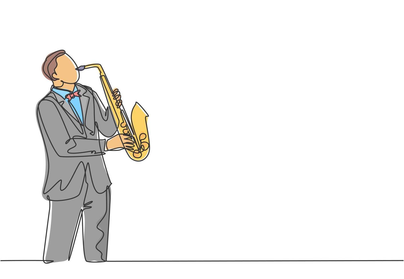 enda kontinuerlig linjeteckning av ung glad manlig saxofonist med hatt som spelar saxofon på musikkonsert. musiker konstnär prestanda koncept en linje rita design vektor illustration