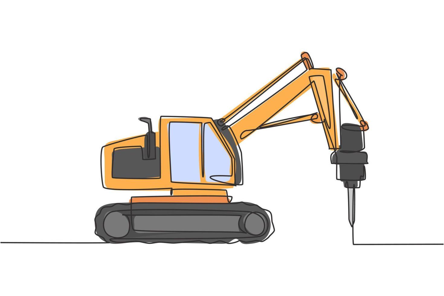en enda radritning av lastbilsborrmaskin för jordborrning vektor illustration, nyttofordon. tung grävmaskin konstruktion koncept. modern kontinuerlig linje rita grafisk design