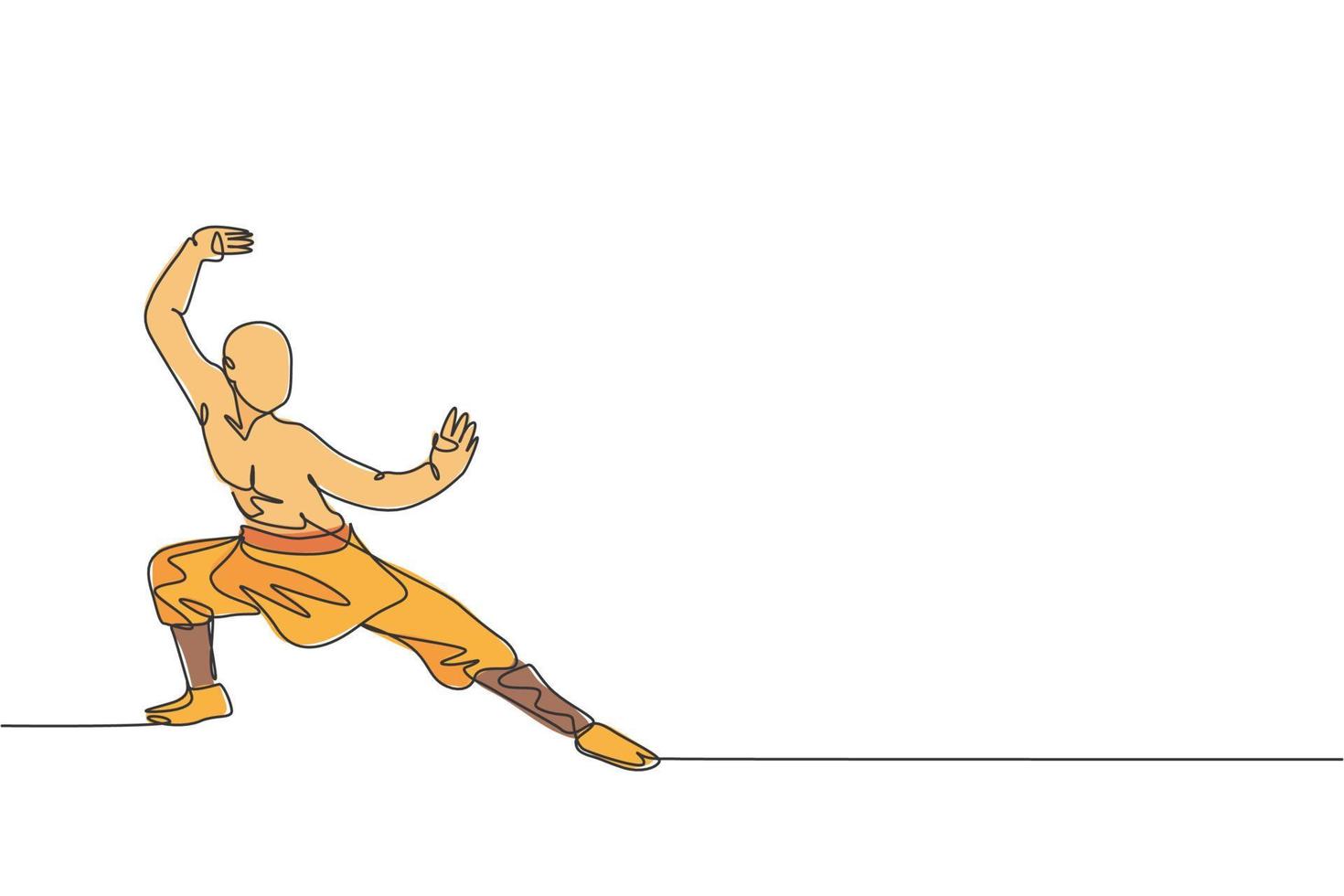 eine durchgehende strichzeichnung eines jungen shaolin-mönchmannes, der kung-fu-stil auf dem tempelboden praktiziert. traditionelles chinesisches kampfsportkonzept. dynamische einzeilige zeichnen design grafische vektorillustration vektor