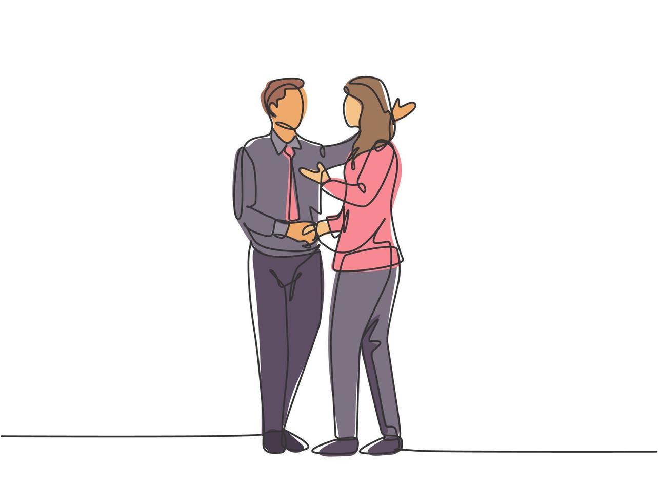 Single-Line-Zeichnung von Geschäftsleuten, die seine Geschäftsfrau mit dem Handshake schütteln. tolle Teamarbeit. Business-Deal-Konzept mit durchgehender Linie zeichnen Stil-Vektor-Illustration vektor