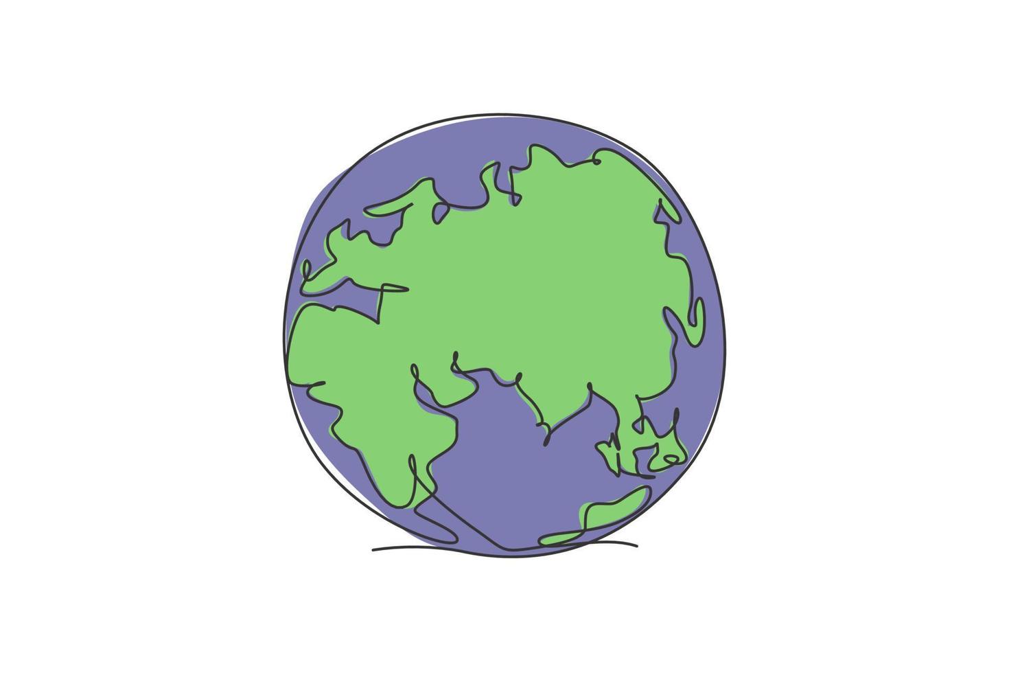 runt den globala jorden. enda kontinuerlig linje världsglob karta grafisk ikon. enkel enradig doodle för geografi utbildning koncept. isolerad vektor illustration minimalistisk design på vit bakgrund