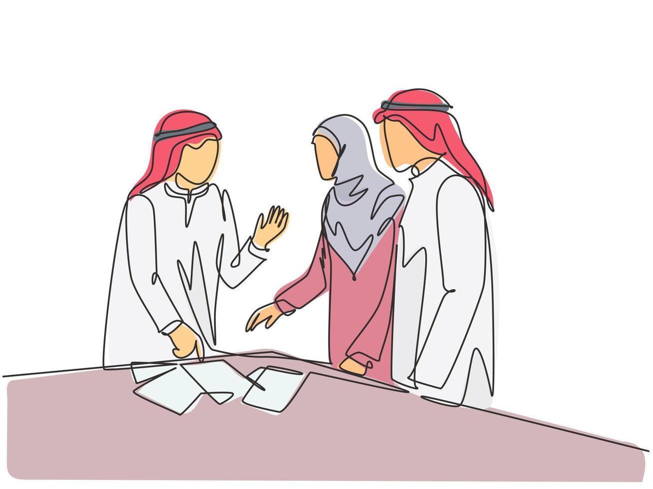 enda kontinuerlig linjeteckning av ung muslimsk start -grundare som diskuterar affärsförslag med teammedlem. arabisk Mellanöstern tyg kandura, tina, mantel, hijab. en rita design vektor illustration