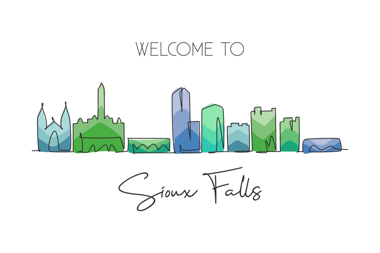 Eine durchgehende Linie, die die Skyline der Stadt Sioux Falls, South Dakota, zeichnet. schönes Wahrzeichen. Weltlandschaftstourismus Reisehauptwanddekor-Plakatdruck. stilvolle einzeilig zeichnende Design-Vektorillustration vektor