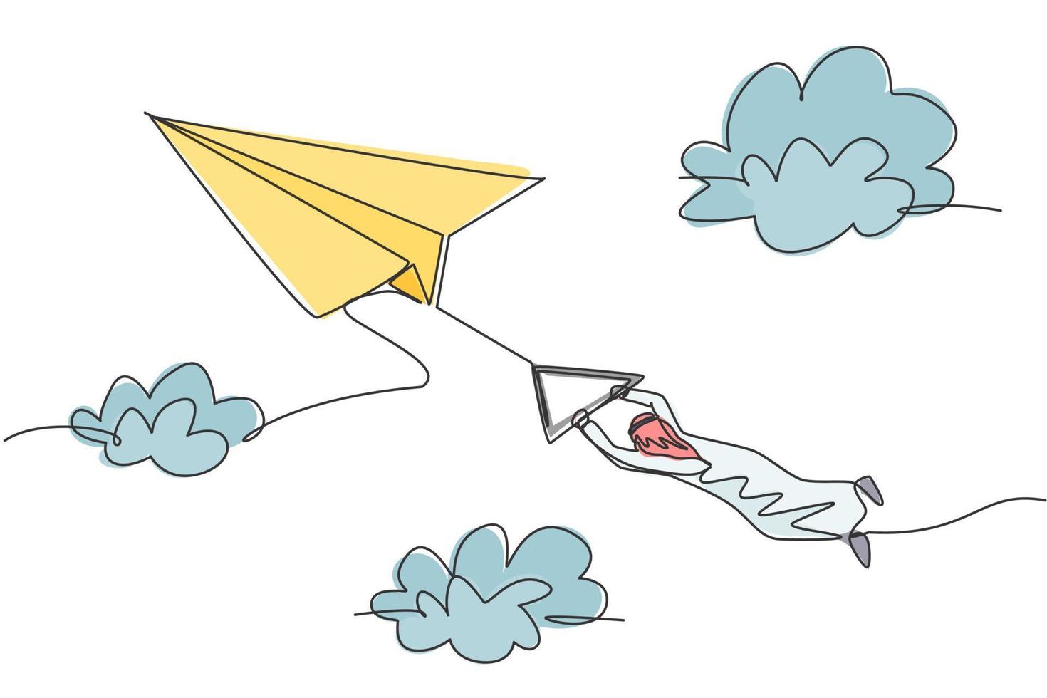 Kontinuierliche einzeilige Zeichnung eines jungen arabischen männlichen Arbeiters, der fest am fliegenden Papierflugzeug am Himmel hängt. Business Challenge minimalistisches Metaphernkonzept. Einzeilige Zeichnung Design Vektorgrafik Illustration vektor