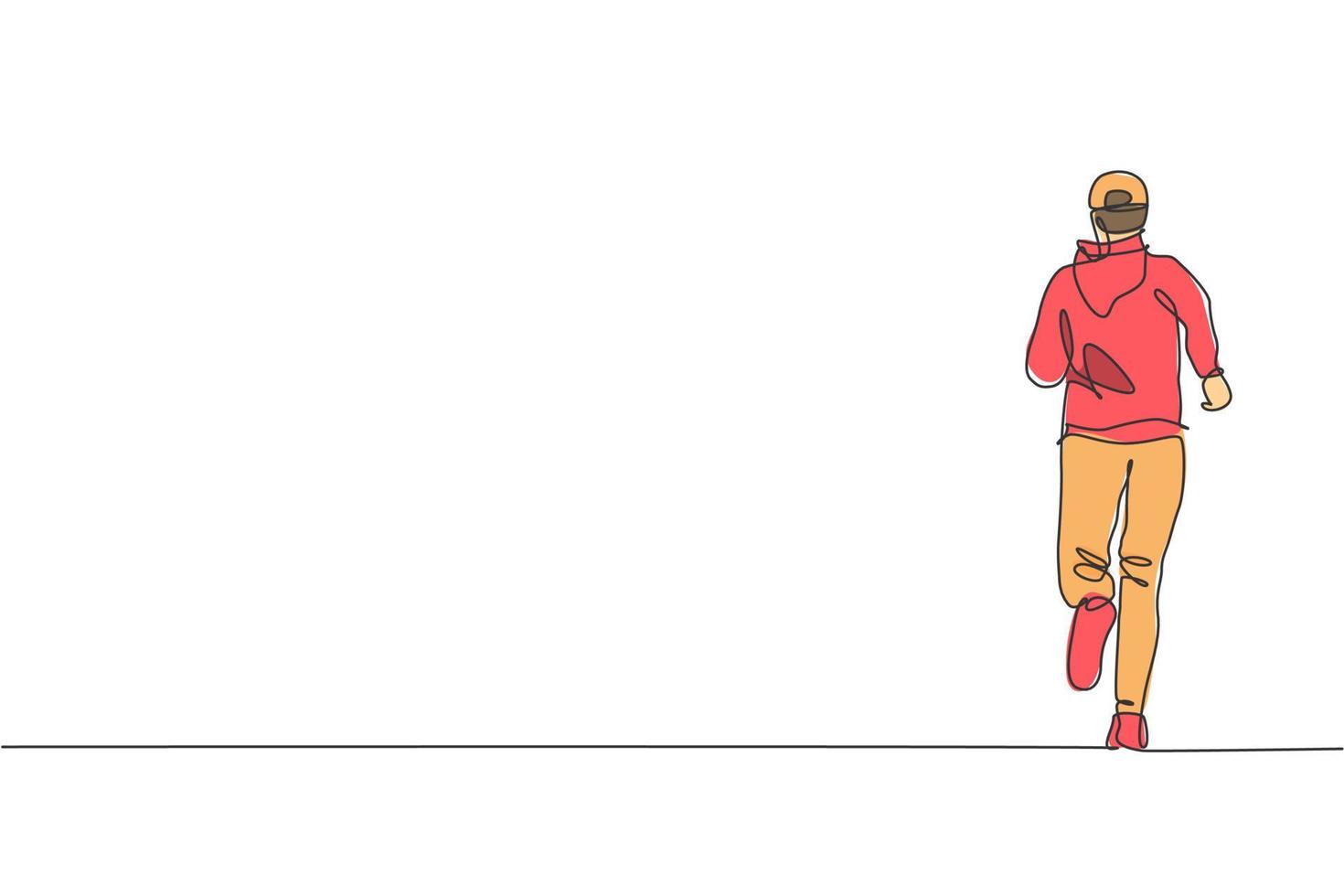 eine einzelne Strichzeichnung junger energischer Mann Läufer laufen entspannen in der Straße Stadt Straße Vektorgrafik Illustration. gesundes sporttrainingskonzept. modernes Design mit durchgehender Linie für Laufbanner vektor