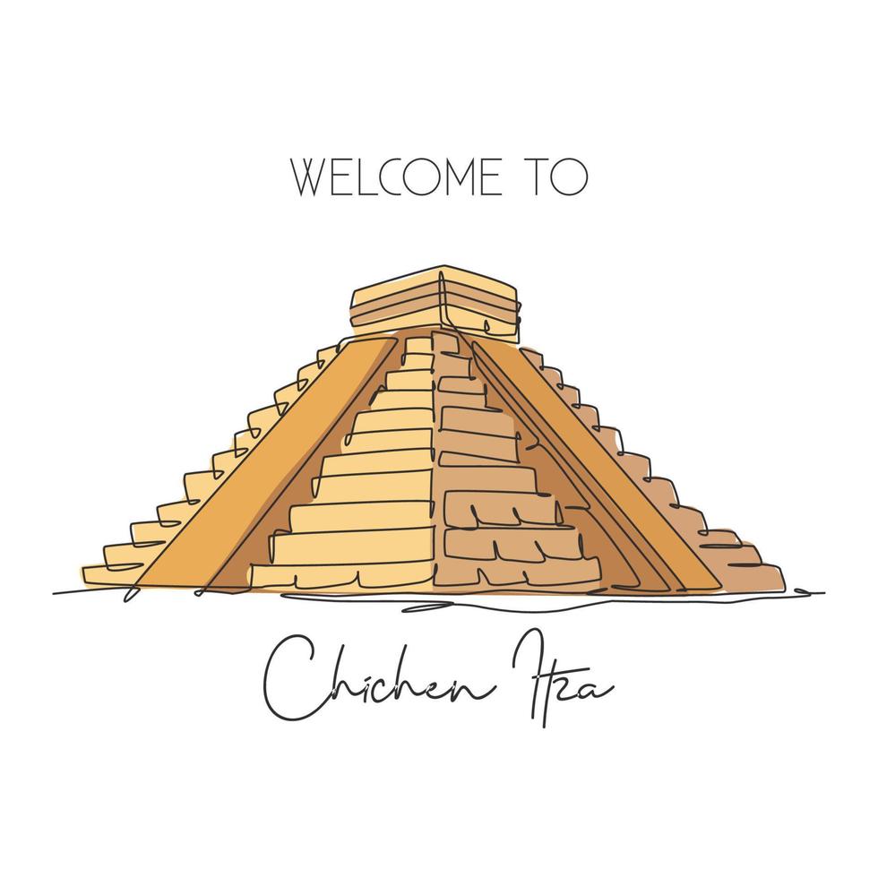 en kontinuerlig linjeteckning chichen itza mayan pyramid landmärke. världsikonisk plats i Yucatan Mexiko. semester semester vägg dekor konst affisch print koncept. enkel rad rita design vektorillustration vektor