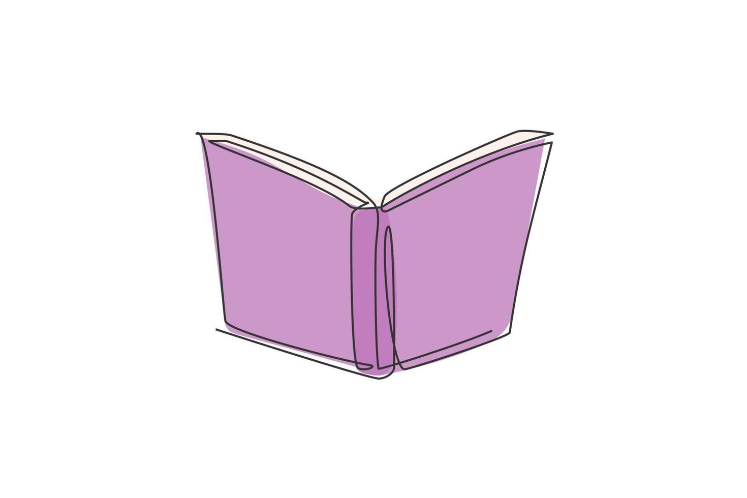 enda kontinuerlig ritning av öppen bok för etikett för offentligt bibliotek. kunskapsfönster logotypikon koncept. modern en linje rita grafisk design vektor illustration