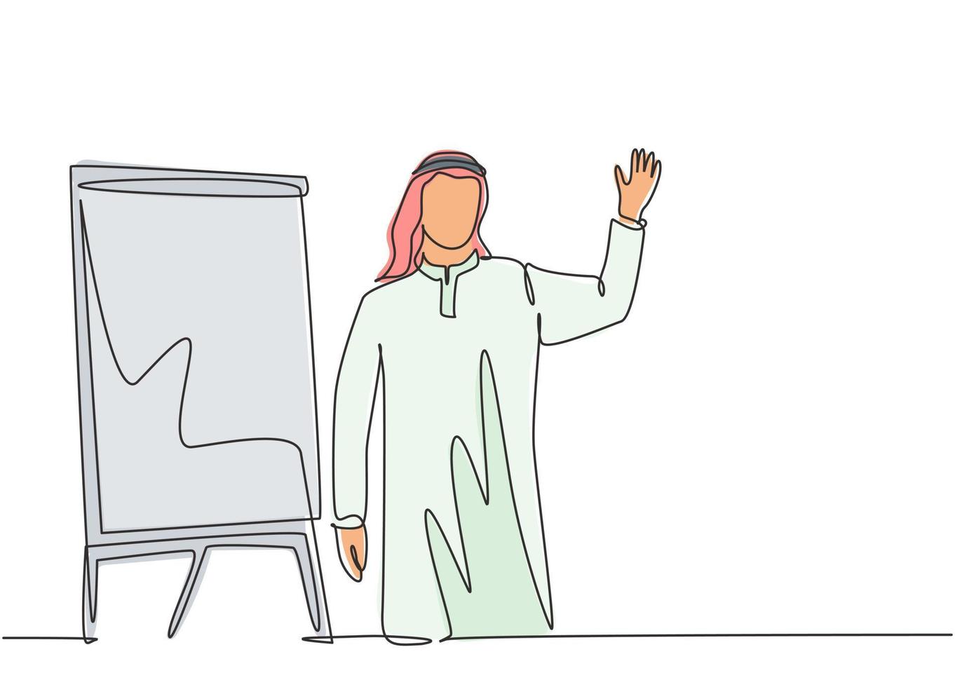 enda kontinuerlig ritning av ung muslimsk start -grundare gör presentation för företagets teammedlemmar. arabisk Mellanöstern tyg shmagh, kandura, tina, mantel. en linje rita design vektor illustration