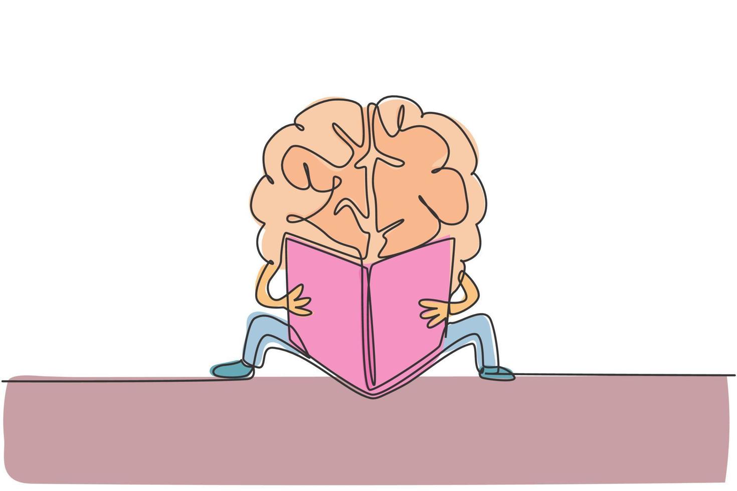 einzelne durchgehende Strichzeichnung des menschlichen Gehirns, das Buch auf dem Boden für das Logo der öffentlichen Bibliothek liest. Smart Bookworm Logo Symbol Konzept. moderne eine linie zeichnen grafikdesign-vektorillustration vektor