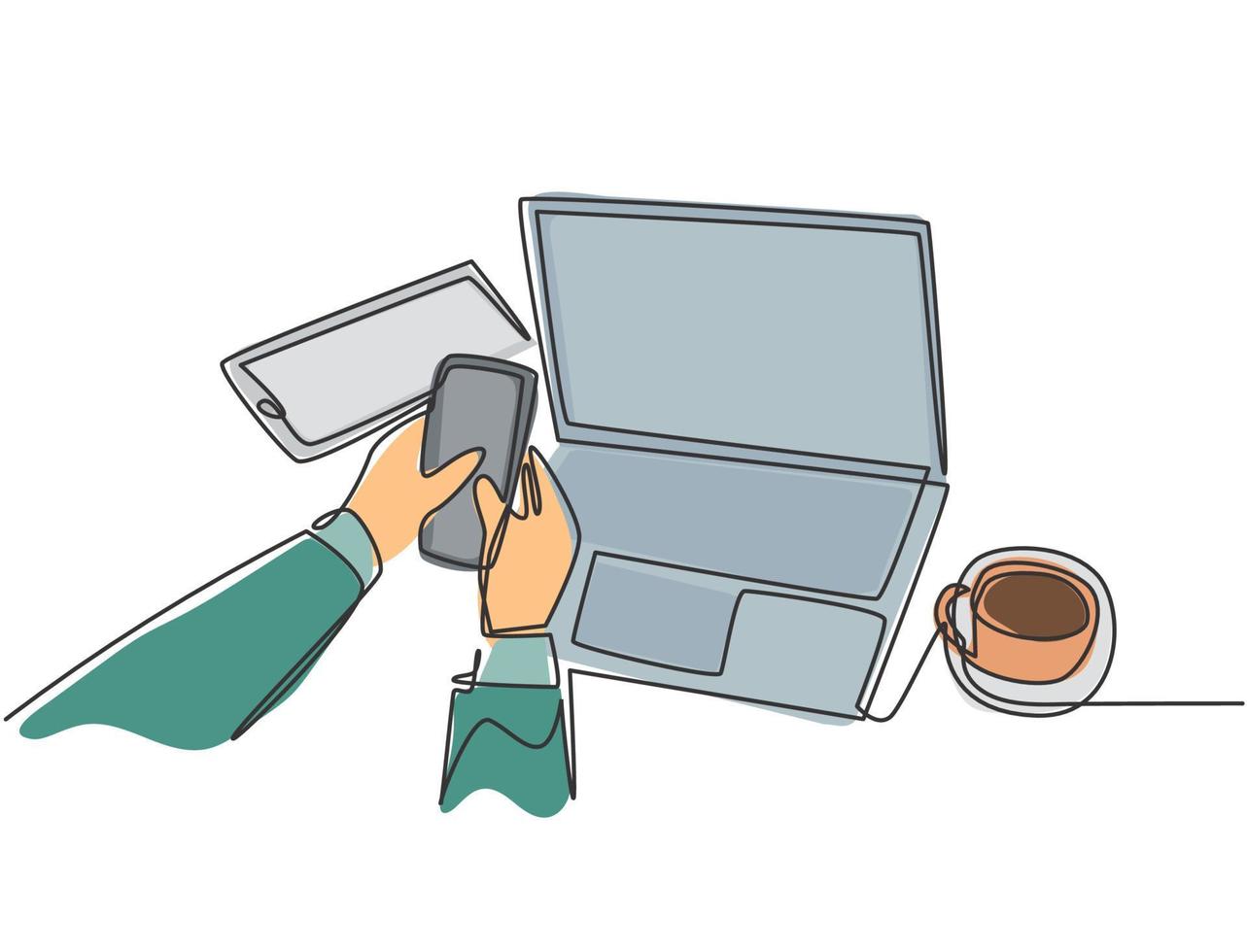 enda kontinuerlig linje ritning av handgester som håller och rör smartphone -skärmen med en kopp te, papper och surfplatta på skrivbordet. gadget koncept en linje rita design vektor illustration
